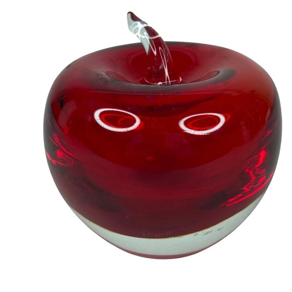 Handcrafted Red Glass Apple Paperweight With Clear Stem Decor - Picture 3 of 6